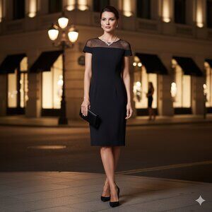 Carmen Marc Valvo Black Sheer Neckline Cocktail Dress – Elegant Evening Midi